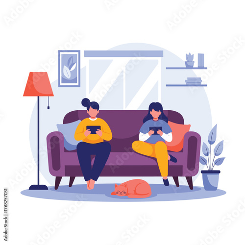 Two women are relaxing on a sofa in a cozy living room, each engrossed in their tablets, while a cat naps peacefully on the floor.