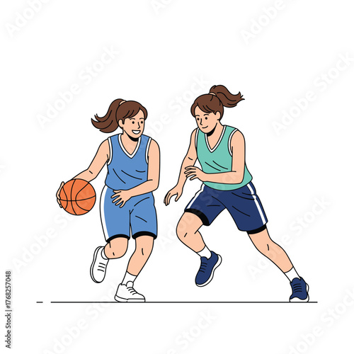 Two enthusiastic young women play basketball, one dribbling the ball while the other defends, illustrating active sport and fitness.
