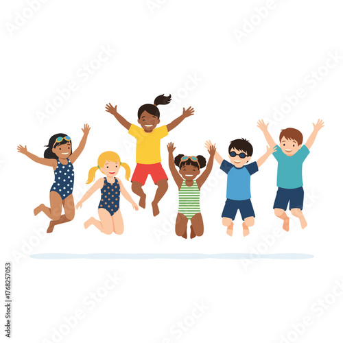 A diverse group of happy children in swimsuits and summer clothes joyfully jump together, celebrating summer and freedom.