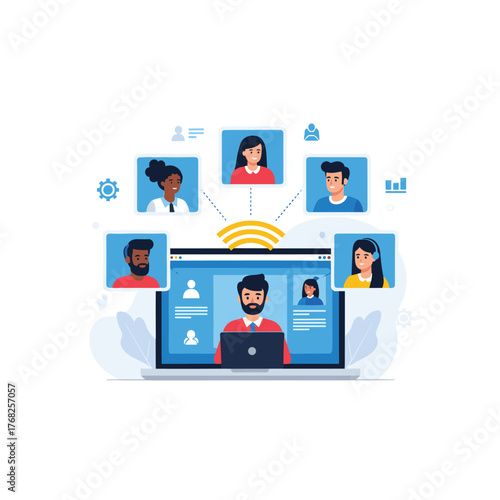 Diverse group of people participate in an online video conference meeting via laptop, illustrating remote work and virtual team collaboration.