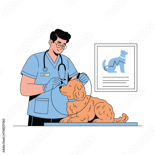 Male veterinarian wearing scrubs and gloves performing an ear examination on a fluffy dog with an otoscope on an examination table.