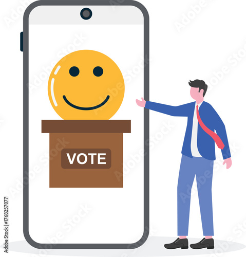 Businessman collaborating to put happy emoticon into vote box illustration
