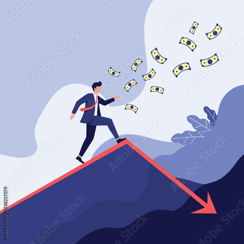 A businessman strives forward on an upward trend while losing money, facing an unexpected and steep economic decline.