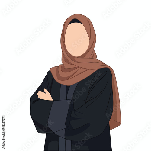 Muslim woman wearing hijab and abaya stands confidently with arms crossed, symbolizing empowerment and cultural identity on white backdrop.