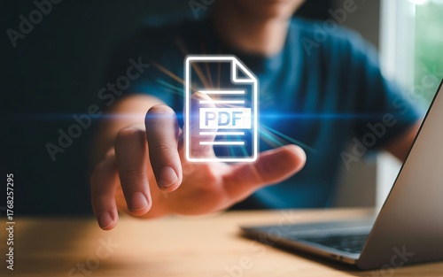 Man interacting with a glowing PDF document icon in a digital environment, showcasing file management and data access concepts