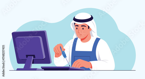 Arab technician repairs a computer keyboard in his office, demonstrating skill and precision in a modern workplace setting, reflecting technological expertise.