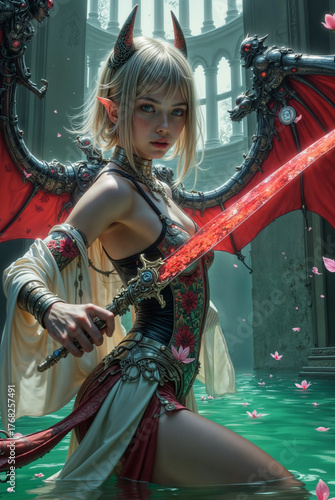 a fantasy scene with a woman wearing a detailed outfit and holding a red sword. She is standing in water with flower petals floating around her, and her attire includes a mix of armo