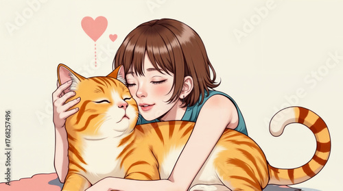 A warm and heart-touching illustration of a person hugging a large orange tabby cat, with the cat looking content and peaceful. The setting is minimalistic, with soft colors and clean lines.  