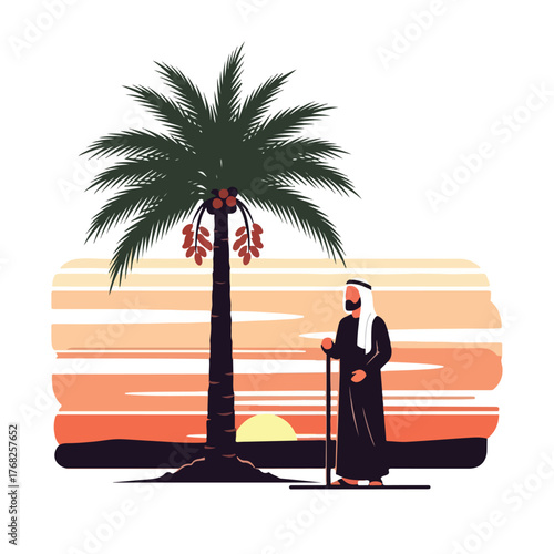Arab man in traditional clothing stands near a date palm tree at sunset in a serene desert landscape, evoking a sense of cultural heritage and tranquility.