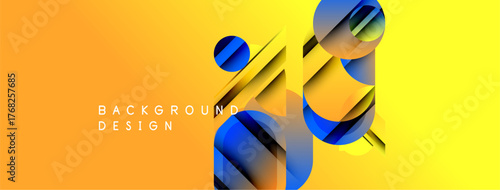 Abstract geometric shapes overlap vibrant yellow gradient. Modern design elements create dynamic visual texture. Background text reads background design.