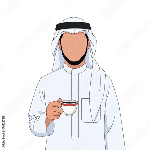 Arab man in traditional clothing holds a cup of coffee against a plain white backdrop, creating a sense of cultural identity and simplicity.