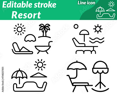 A vibrant and relaxing icon representing a luxury beach or mountain resort destination. It features a palm tree sun umbrella ocean waves, and a cozy lounge chair to evoke vacation and leisure.