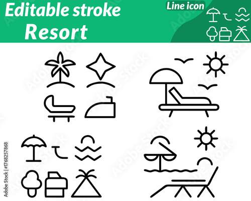Resort set line icon. The design uses tropical colors such as turquoise golden yellow and coral for a warm inviting aesthetic. Optional details include a sunset over the horizon a cocktail glass.