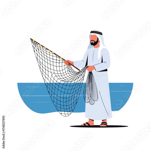 Arab man casting fishing net into calm blue sea, wearing traditional white thobe and headdress, capturing the essence of coastal lifestyle.