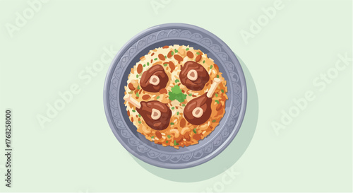 Overhead view of a plate of traditional Middle Eastern Maqluba dish with rice, meat, and vegetables, presented on a light green surface, showcasing culinary heritage and cultural richness.