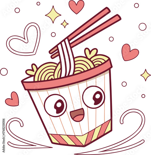 Cute kawaii ramen bowl with chopsticks and hearts delightful anime food art isolated on transparent background