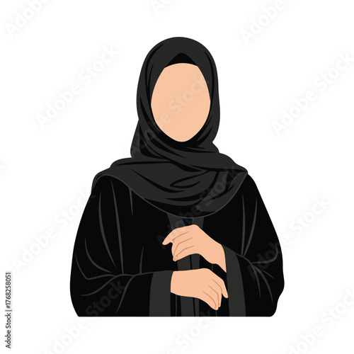 Muslim woman wearing black hijab standing gracefully with hands clasped in simple studio shot, conveying modesty and cultural identity with elegance.
