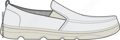Casual slip-on shoe, side view illustration, white canvas upper, textured sole, heel pull tab, modern fashion, comfort design,  slip-on shoe