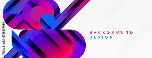 Abstract geometric shapes, vibrant purple hues, dynamic composition. Modern design elements create striking visual impact. White space balances color.