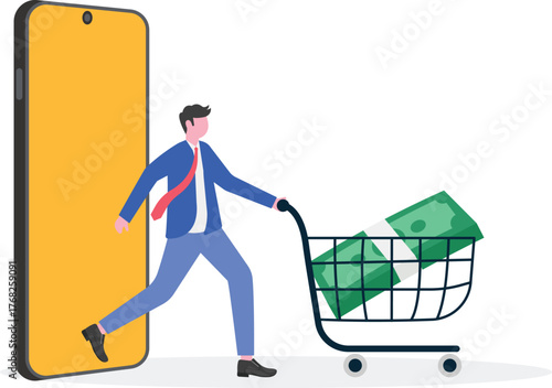 Businessman holding a money bag and intending to place it into a basket,
