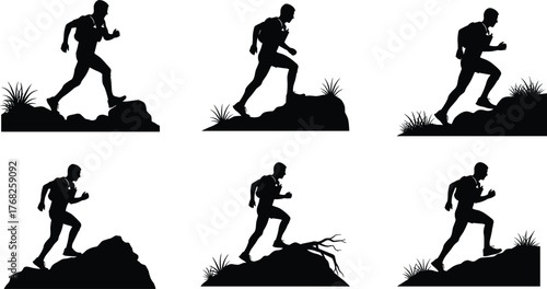 Hiking silhouette illustration, trail running vector, outdoor adventure graphic, backpacker on terrain, nature exploration art, fitness activity design, uphill motion