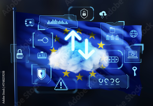 European Union cloud data security concept with digital upload and download icons over EU flag in double exposure style. 3D Rendering