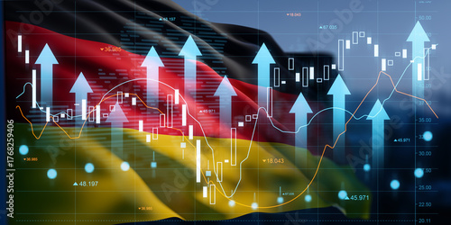 Germany economy growth concept with financial stock market data and uptrend arrows on German flag background in futuristic digital interface style. 3D Rendering