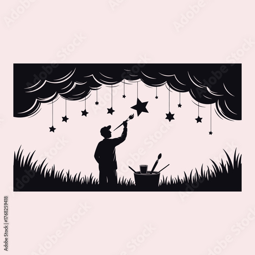 Silhouette of person painting stars from clouds onto strings above grass vector