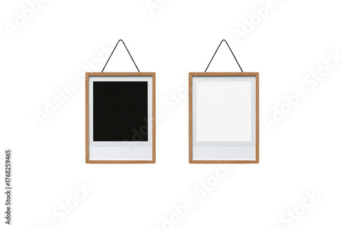 Two vintage instant photo frames with one blank and one with a white background isolated on transparent background