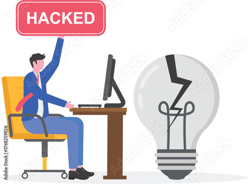 businessman holding hacked sign next to laptop with broken light illustration of business idea theft warning by rival hacker


