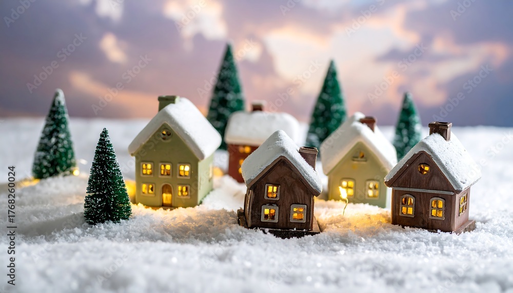 Fototapeta premium Miniature winter village houses glow warmly amidst snow-covered terrain, with pine trees and a soft, cloudy sunset backdrop