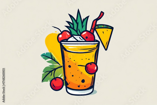 A vibrant, stylized illustration of a tropical fruit smoothie or cocktail garnished with cherries, pineapple, and a straw.