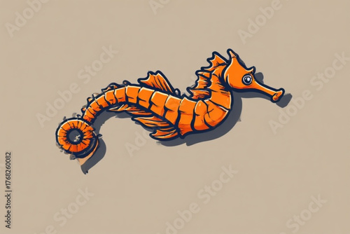 An orange seahorse with a curled tail swims against a tan background, casting a shadow.