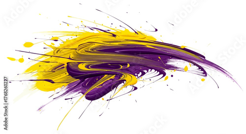 Vibrant brushstroke blend: dynamic interplay of yellow and purple hues on a white canvas