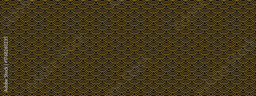 Golden Japanese pattern background with wave scale design. Repeating arcs, curves, semicircles, shells create fish-scale texture. Vector seamless oriental motif.
