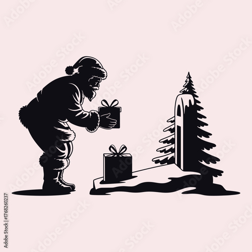 Silhouette of Santa Claus placing a gift next to a snow-covered Christmas tree and a tombstone present