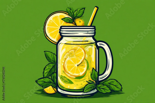 Refreshing lemonade drink in a mason jar, garnished with lemon slices and mint.