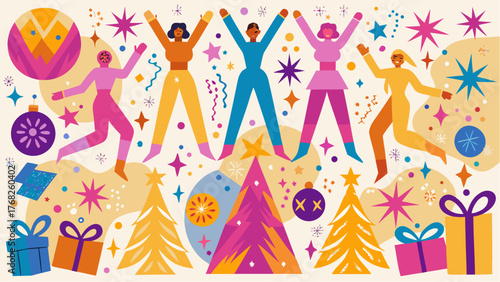 Festive scene with dancing figures christmas trees gifts and stars creating a joyful holiday celebration