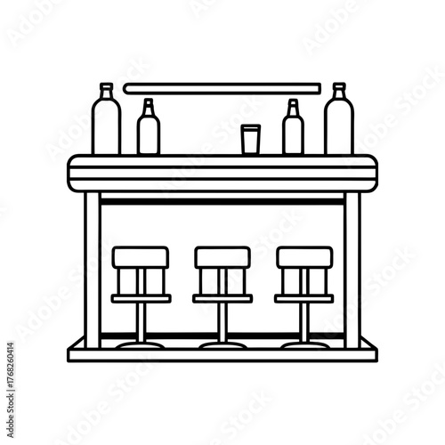 Outline of a bar with stools and bottles on transparent background silhouette