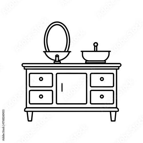 Bathroom vanity with mirror and sink line on transparent background silhouette