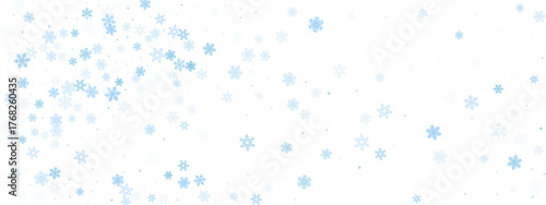 Snowflake background. Light winter falling flake texture. Blue frosty crystal pattern on white border. Cold season abstract sky with snowy decor. Vector illustration.