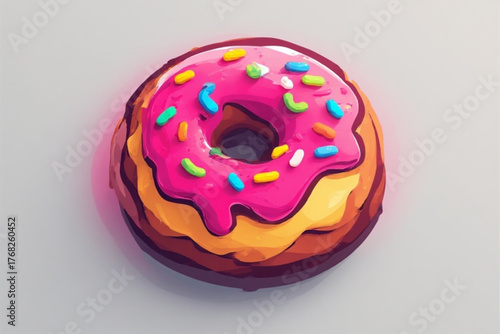 A top-down view of a colorful, frosted donut with sprinkles.