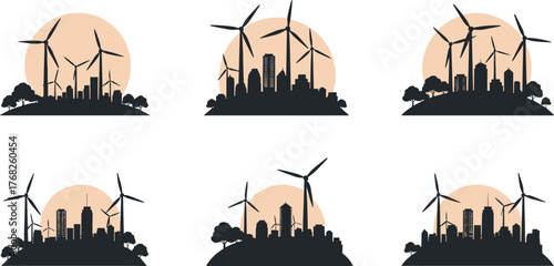 Cityscape with wind turbines, renewable energy design, urban silhouette, sustainable landscape, clean power concept, eco-friendly illustration