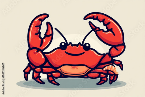 Cartoon crab with large claws and a happy expression, smiling widely.