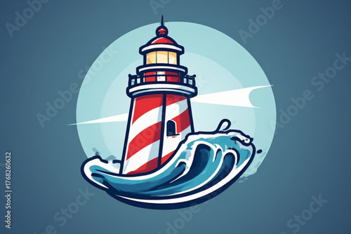 Cartoon lighthouse with red and white stripes stands against a wave, emitting a bright light.