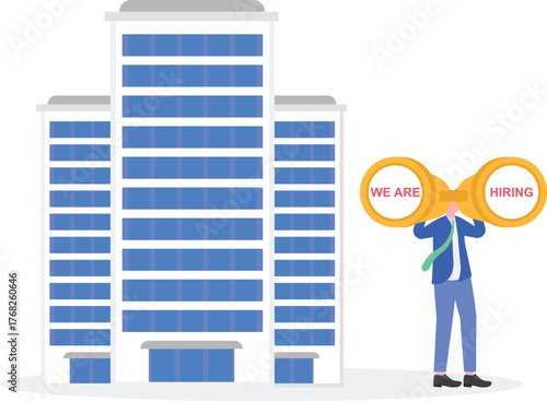 Businessman arranging board and chat dialog with text we are hiring next to store illustration of finding candidates for job positions in company
