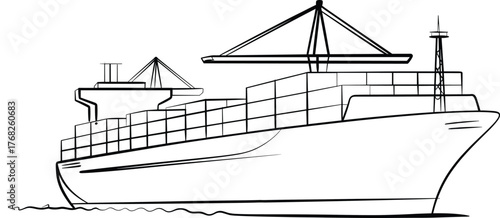 Cargo container ship illustration, large freight vessel design, shipping transport concept, global trade logistics, ocean freight carrier, maritime industry, export import