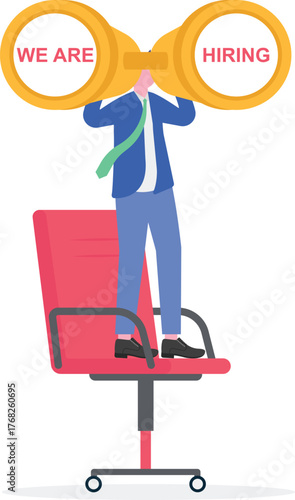 Businessman arranging board and chat dialog with text we are hiring next to store illustration of finding candidates for job positions in company
