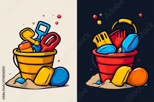 Two cartoon illustrations of a bucket filled with beach toys.