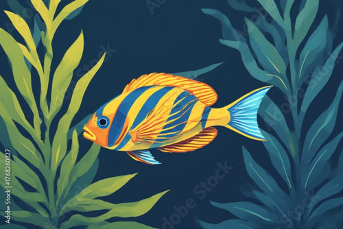 A colorful striped fish swims amongst seaweed, depicted in a stylized, illustrative manner against a dark blue background.